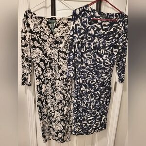 Ralph Lauren black/cream and navy/cream floral faux wrap dresses both size 10